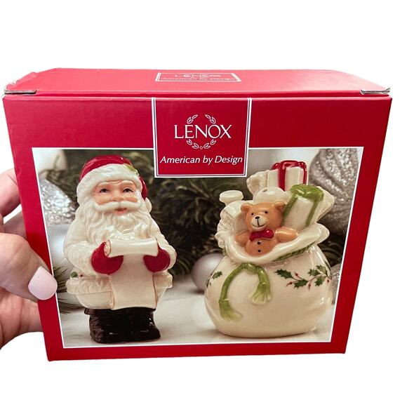Lenox Holiday Christmas Salt & Pepper Shakers Santa & Toy Bag Checking It Twice - Picture 2 of 11
